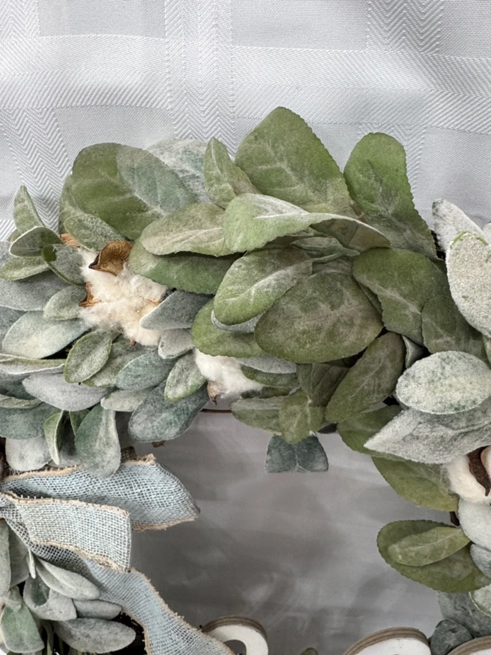Farmhouse 'Hello' Cotton Greenery Grapevine Wreath w/ Blue Burlap Bow